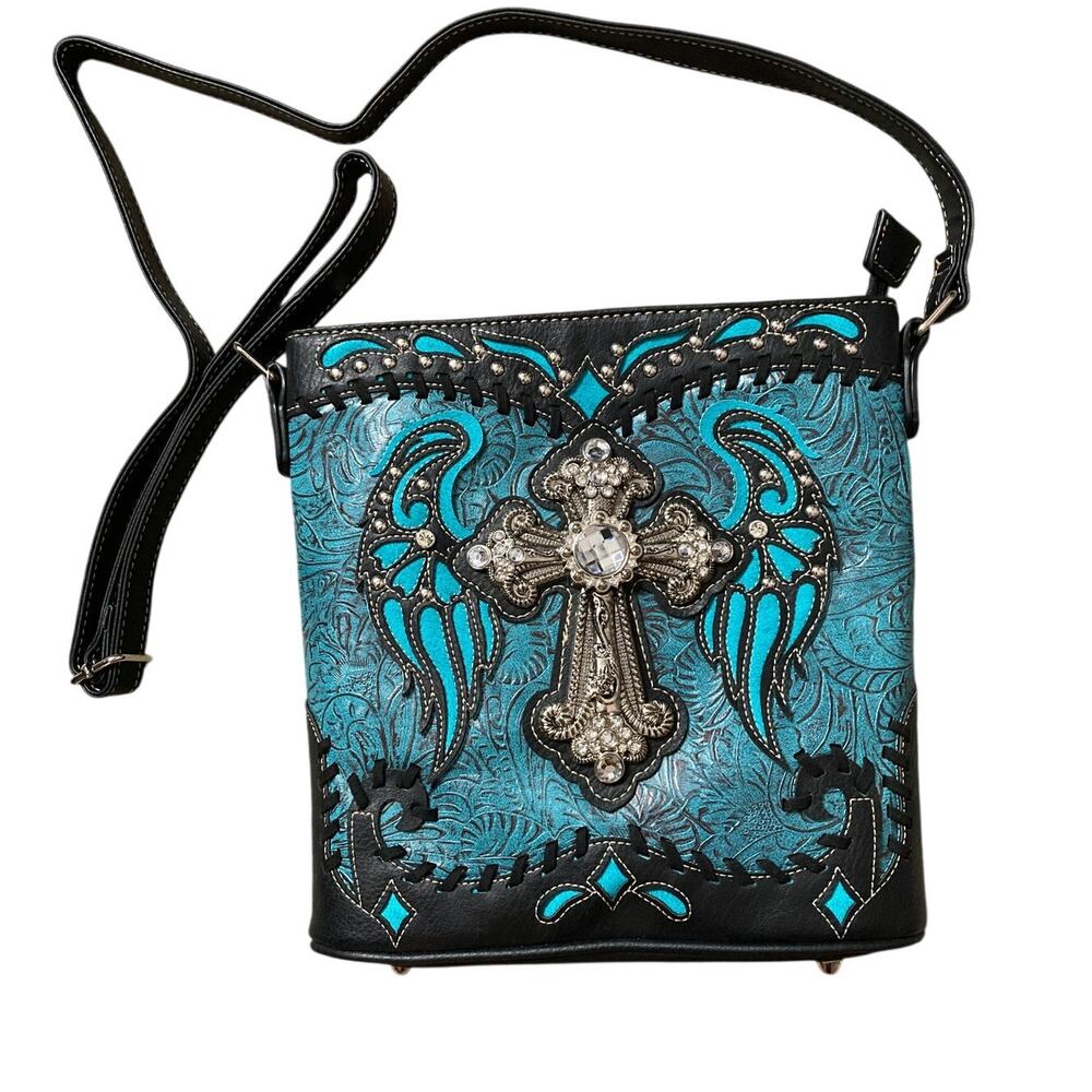 Western Crossbody Purse Turquoise Rhinestone Cross Angel Wings Cowgirl New